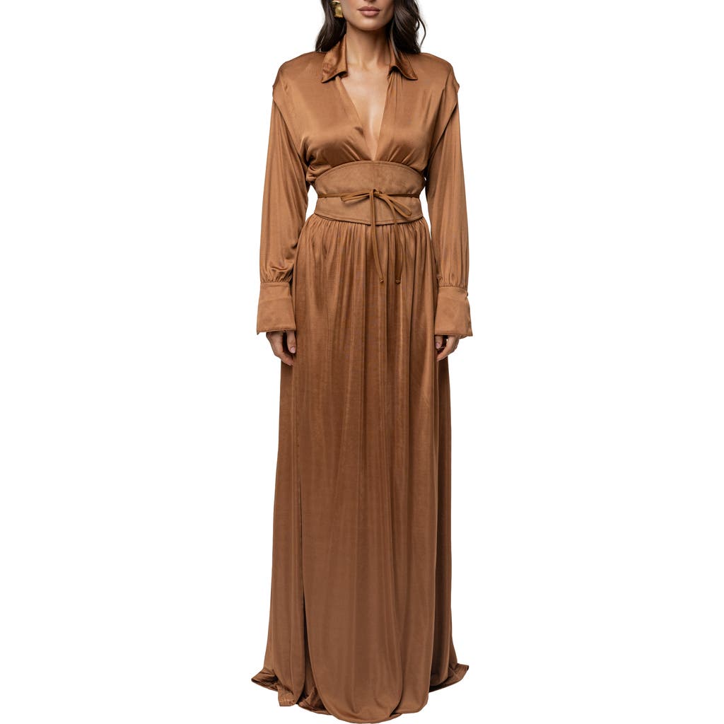 Jluxlabel Collar Long Sleeve Satin Gown In Brown