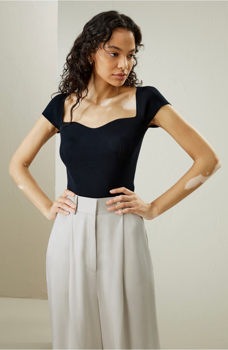 Lilysilk Women's Sweetheart Neck Ribbed Silk Knit Top, Alternate, color, Navy Blue