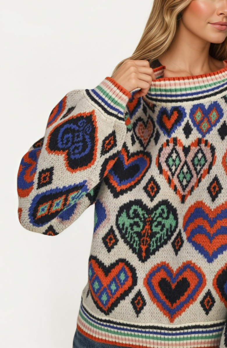 Knit and Lounge Colorful Heart Print Knit Sweater, Alternate, color, 