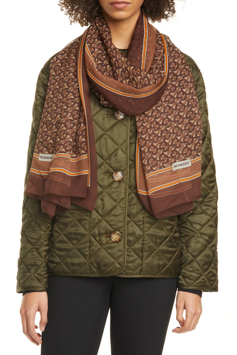TB Monogram Mulberry Silk Chiffon Scarf, Alternate, color, BRIDLE BROWN