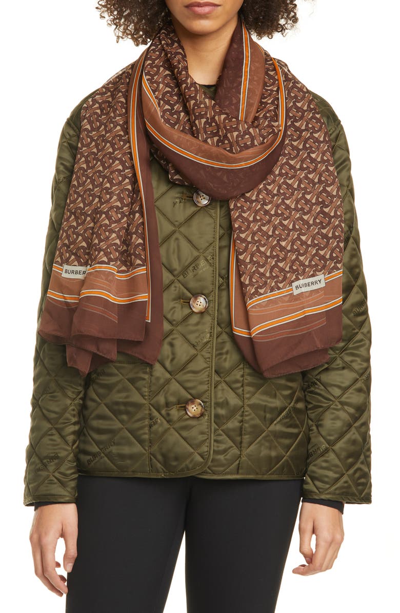 Burberry TB Monogram Mulberry Silk Chiffon Scarf, Alternate, color, 