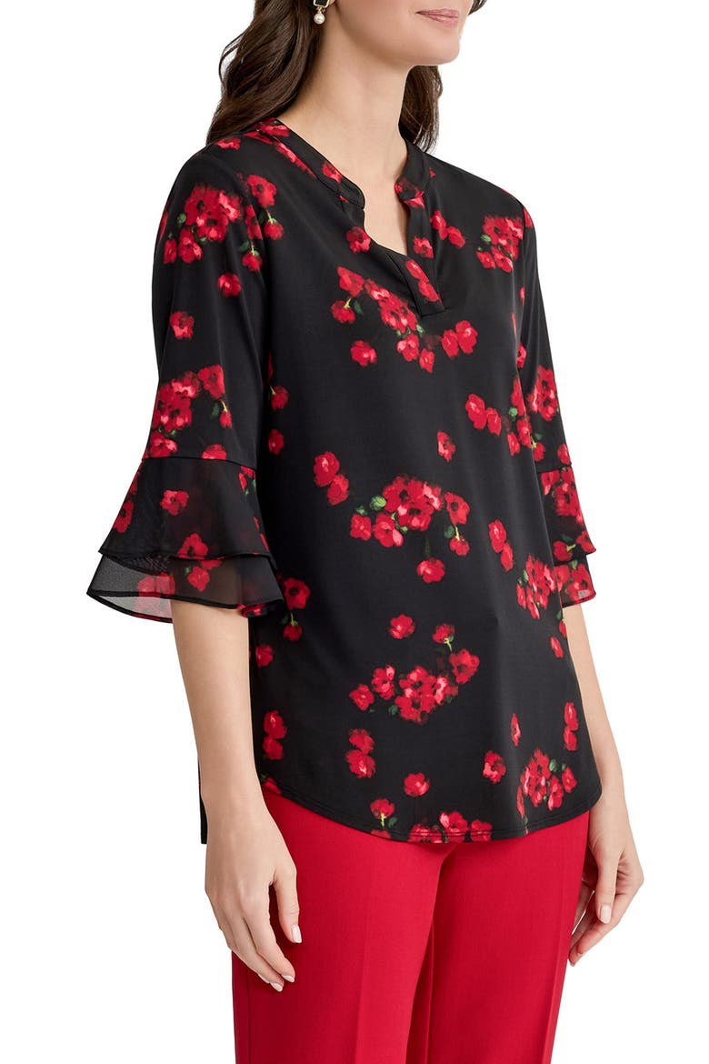 Floral Split Neck Flutter Sleeve Tunic, Alternate, color, BLACK MULTI