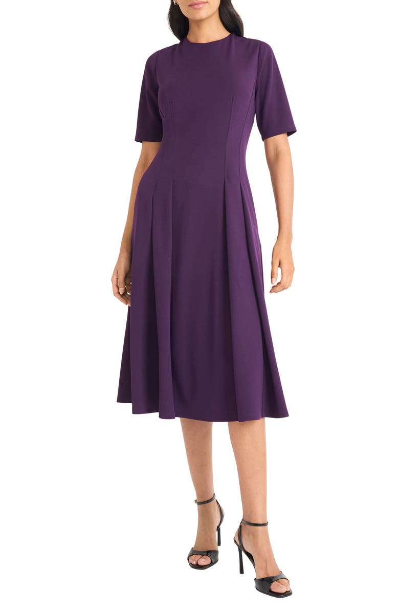 Maggy London Double Pleat A-Line Midi Dress, Main, color, Luxe Plum