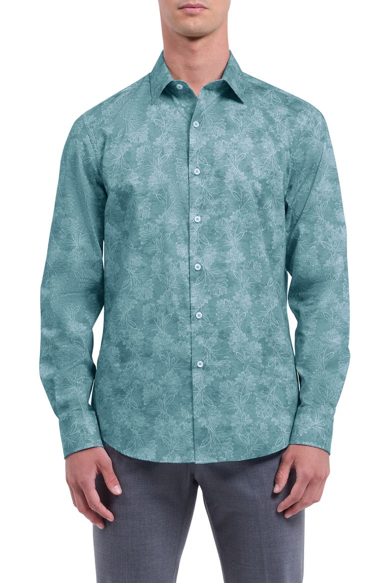 Julian Shaped Fit Floral Button-Up Shirt, Main, color, SEAFOAM