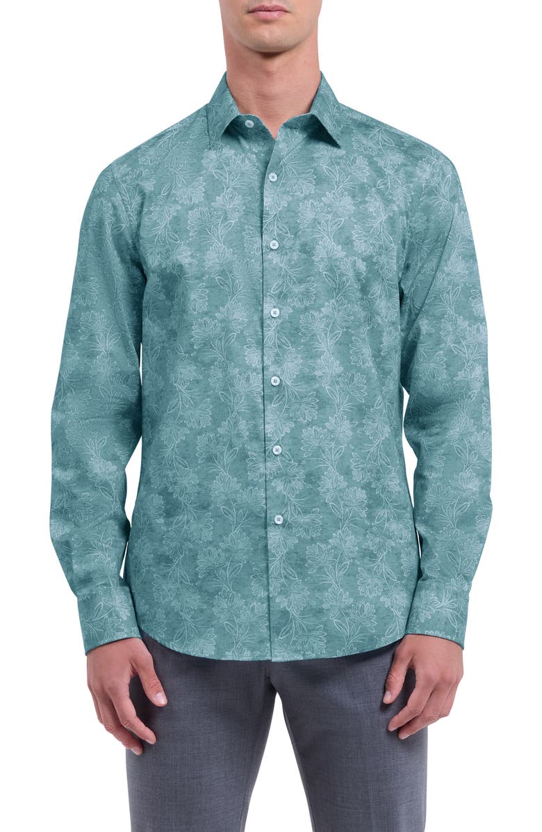 Bugatchi Julian Shaped Fit Floral Button-Up Shirt, Main, color, Seafoam