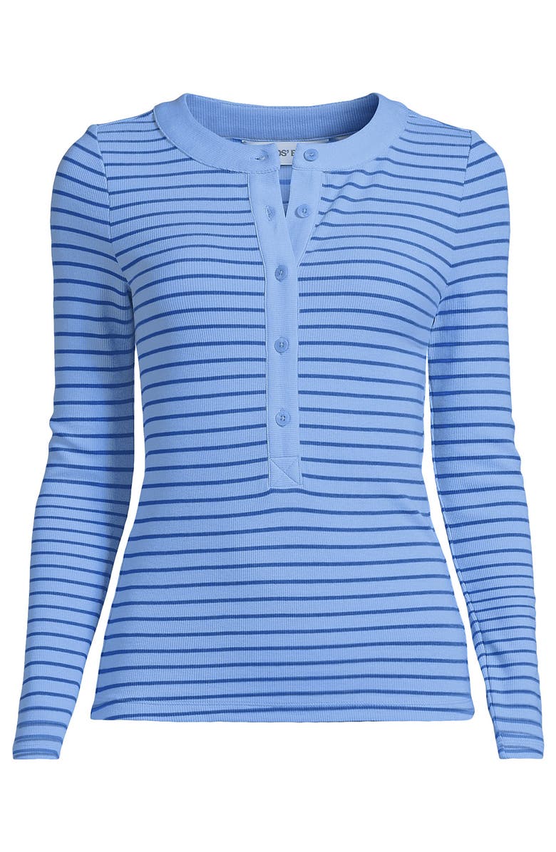Lands
 End Plus Size Drapey Rib Fitted Long Sleeve Henley T-Shirt, Alternate, color, Clear Blue Sky/Cobalt Stripe