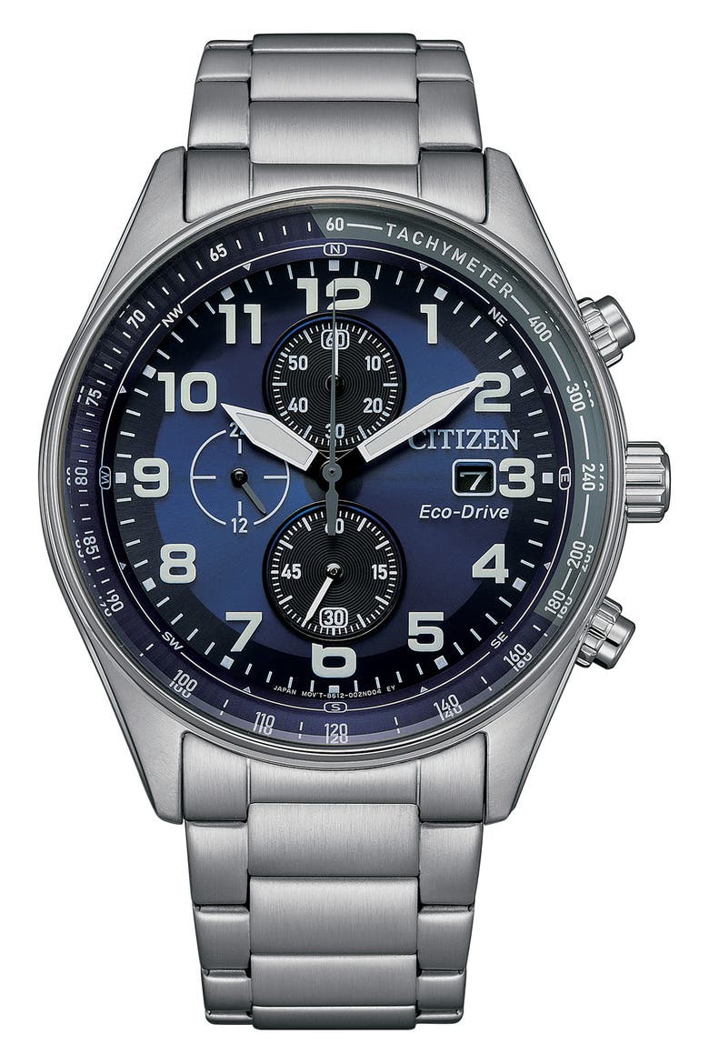 Eco Drive Chronograph Stainless Steel Bracelet Watch, 43mm, Main, color, SILVER