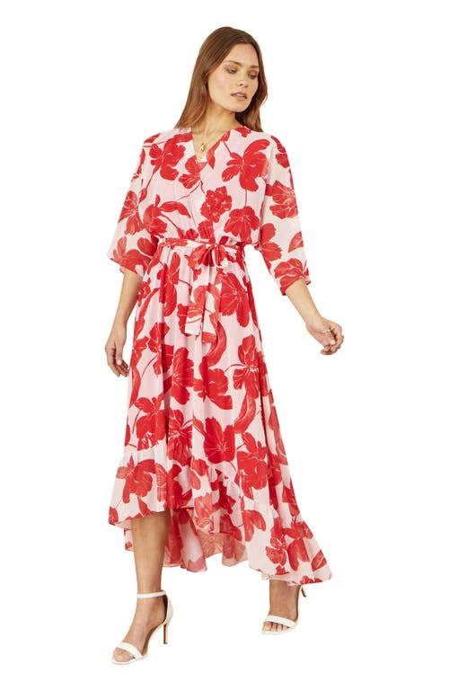 Yumi Kimono Sleeves Dip Hem Wrap Midi Dress In Red