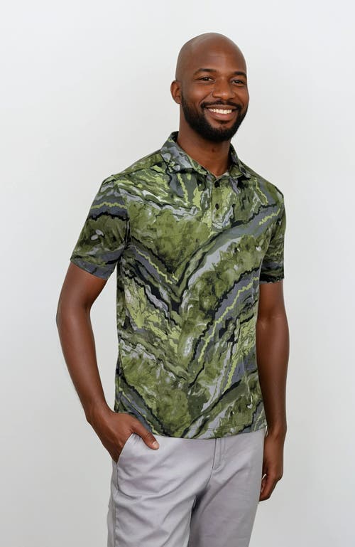 24sevenmen Wrinkle Resistant 3 Button Green Marble Polo Shirt In Multi
