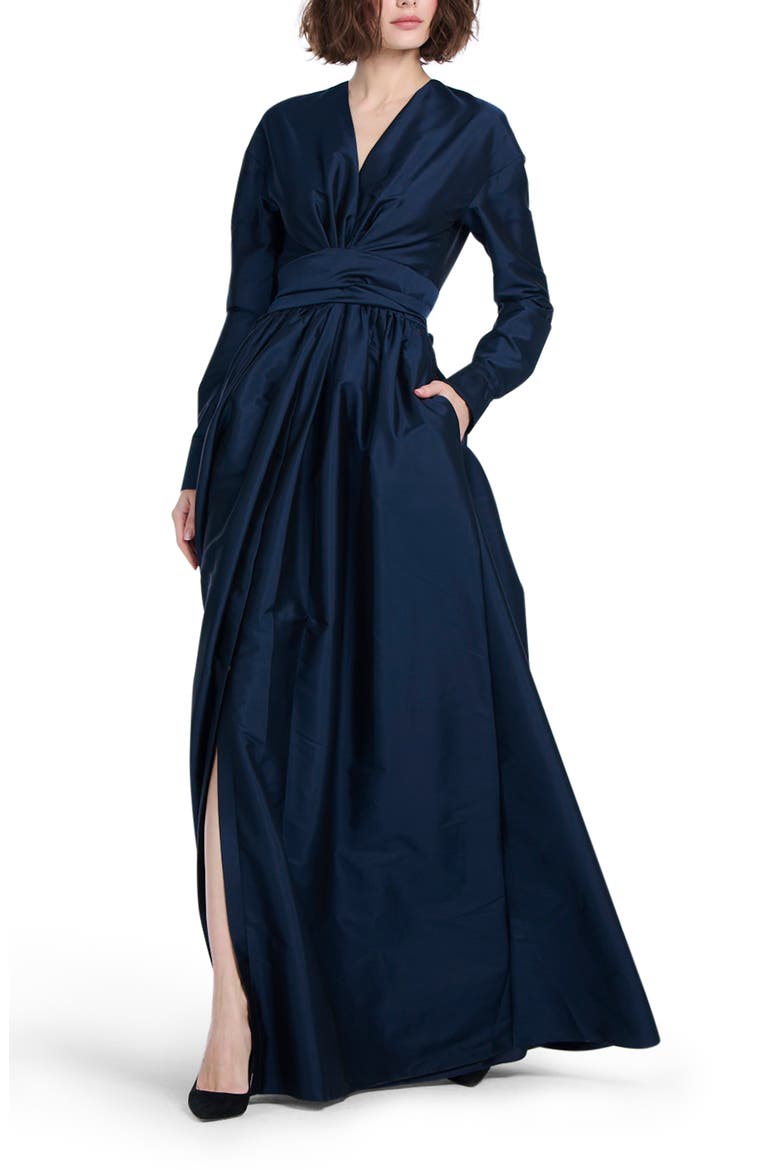 Surplice Long Sleeve Taffeta Gown, Alternate, color, NAVY