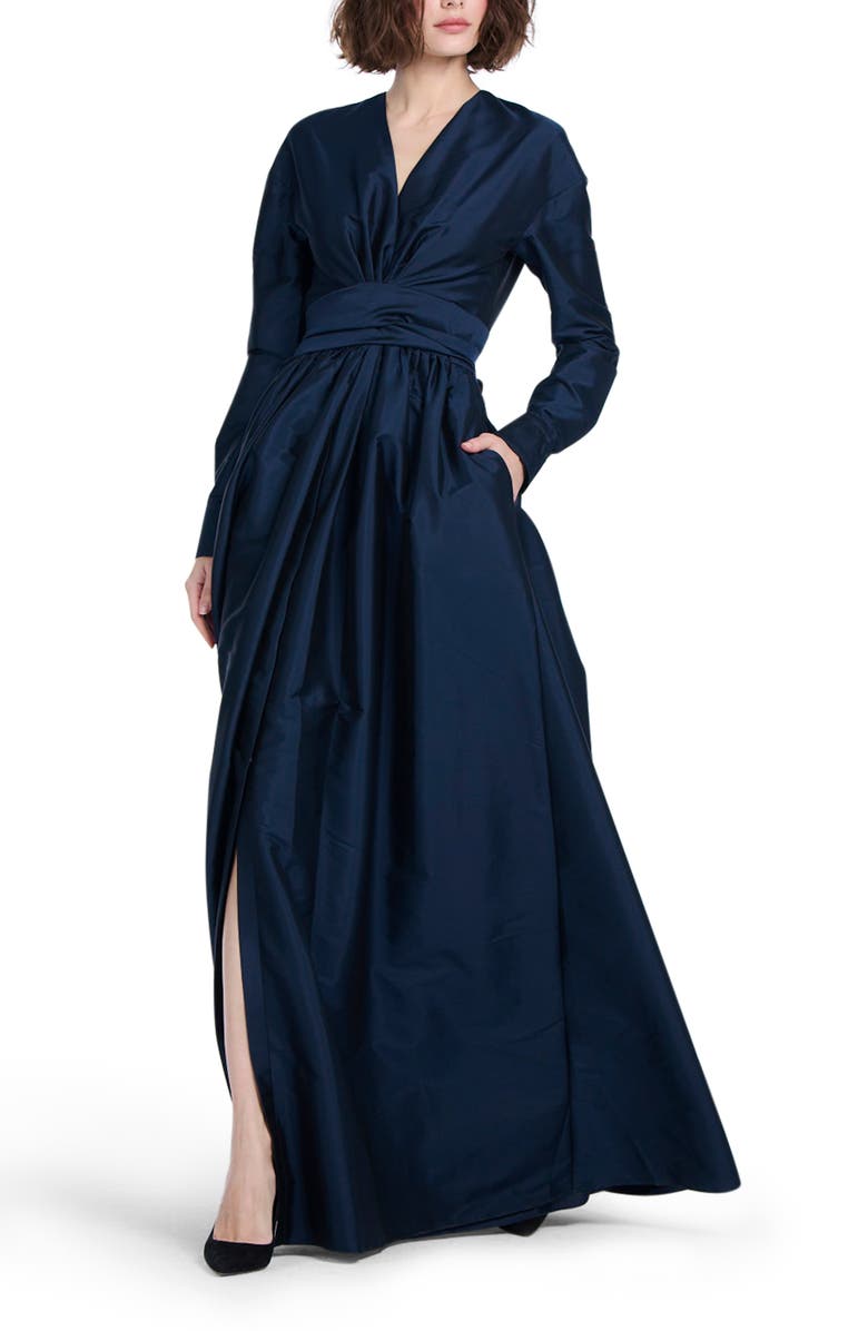 EMILY SHALANT Surplice Long Sleeve Taffeta Gown, Alternate, color, Navy