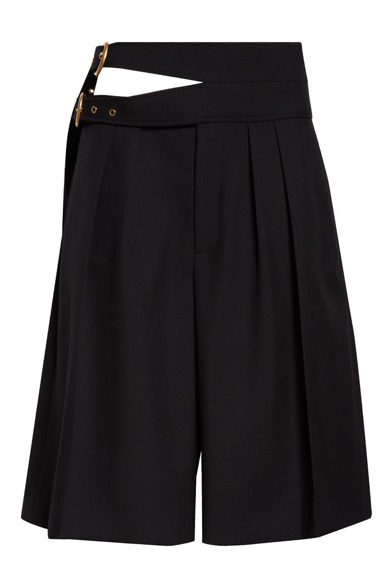 Buckle Keyhole High Waist Wool Shorts, Alternate, color, BLACK