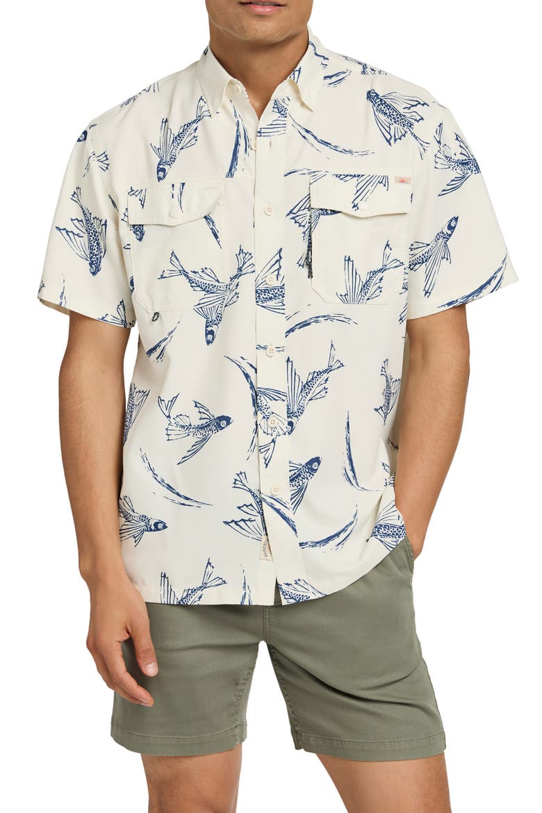 Shorelite Air Short Sleeve Performance Button-Up Shirt, Main, color, CREAM ISLAND FISH