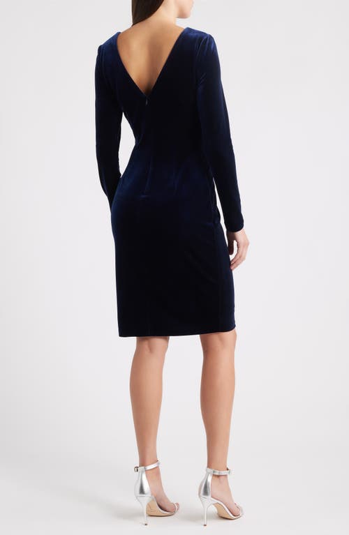 Eliza J Ruched Long Sleeve Velvet Body-con Dress In Blue