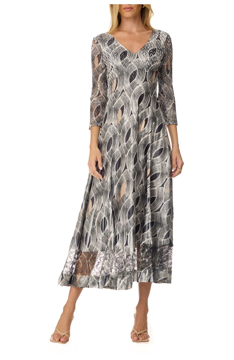 Komarov Geometric Charmuese Dress with Lace Sleeves, Main, color, Black Eye