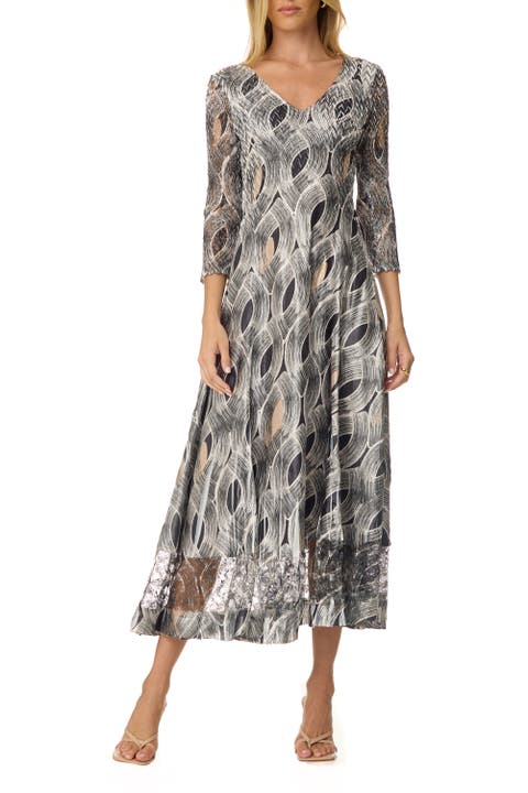 Geometric Charmuese Dress with Lace Sleeves