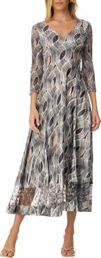 Komarov Geometric Charmuese Dress with Lace Sleeves
