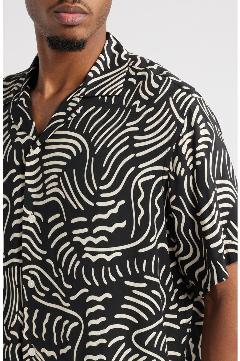 Lorenzo Abstract Botanic Print Viscose Camp Shirt, Alternate, color, BLACK