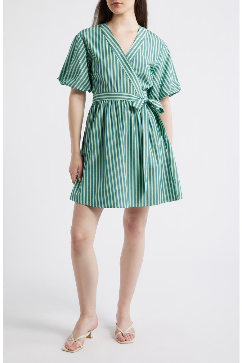 Sossio Stripe Puff Sleeve Wrap Dress, Main, color, VERT RIVAGE