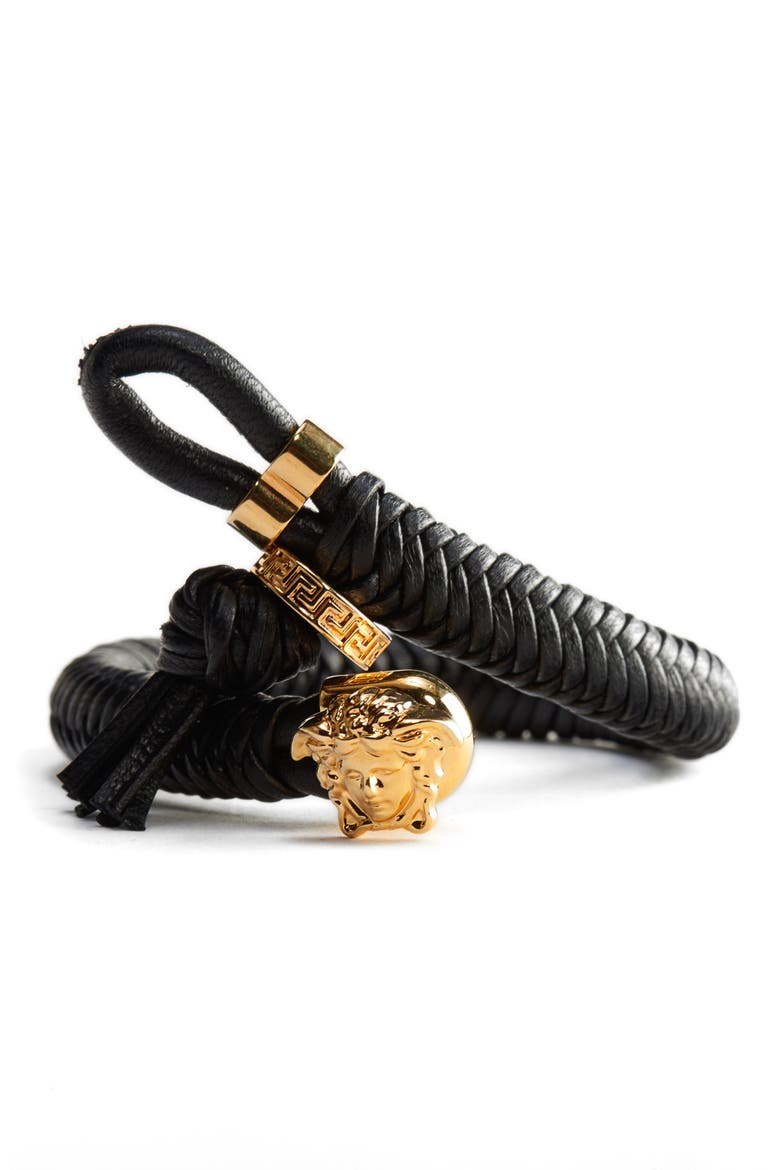 Medusa Head Leather Bracelet, Main, color, BLACK GOLD WARM GOLD