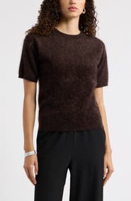 Nordstrom Brushed Leopard Print Short Sleeve Cashmere Sweater