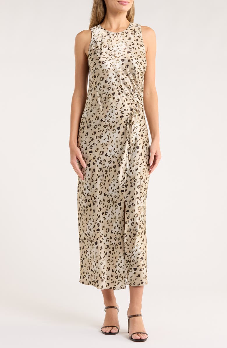 Rails Gabriella Sleeveless Ruched Satin Midi Dress, Main, color, Champagne Leopard