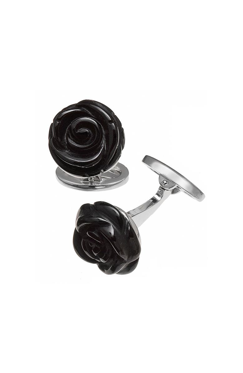Jan Leslie Rose Carved Sterling Cufflinks, Main, color, Black