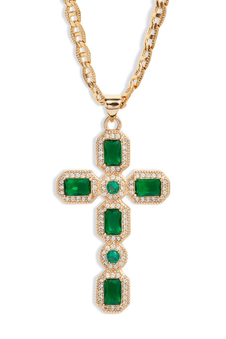 Ornate Cubic Zirconia Cross Pendant Necklace, Main, color, GREEN