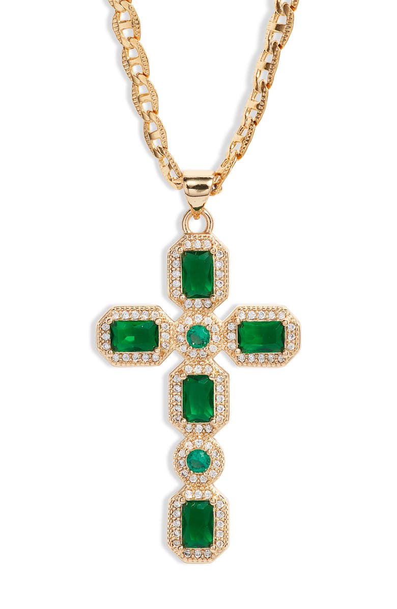 VIDAKUSH Ornate Cubic Zirconia Cross Pendant Necklace, Main, color, Green
