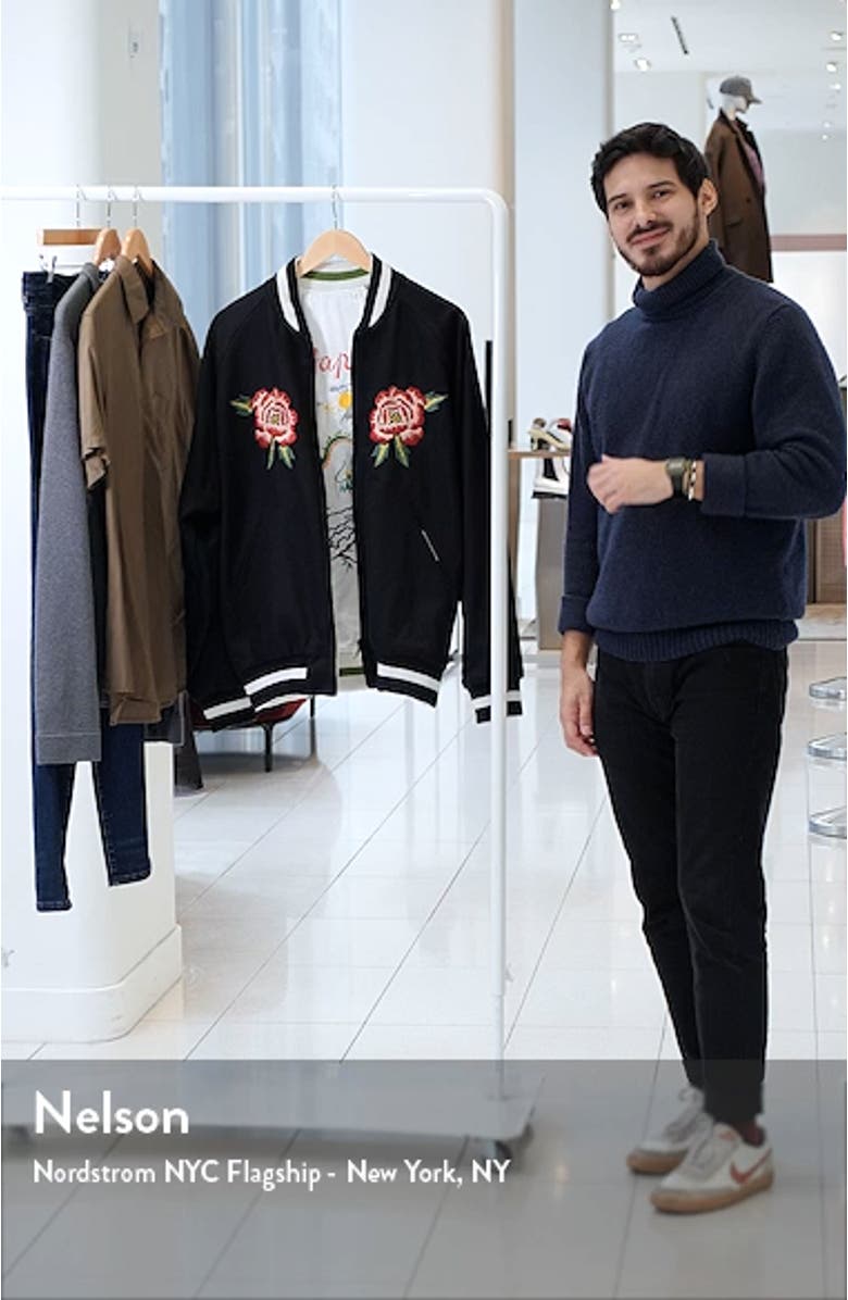 Souvenir Floral Embroidered Reversible Wool & Satin Bomber Jacket, sales video thumbnail