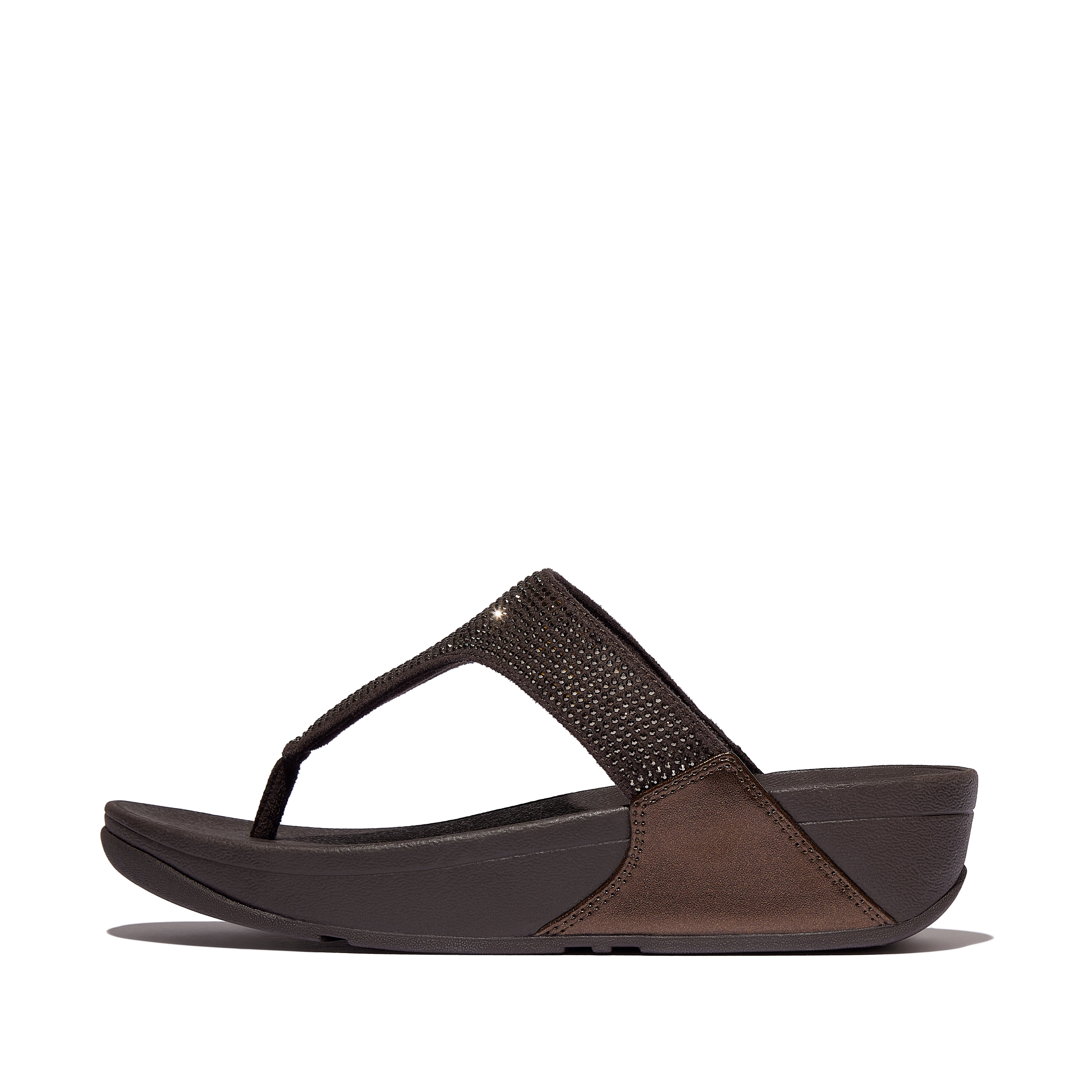 FitFlop Lulu Crystal embellished toe-post sandals, Alternate, color, Metallic Chocolate Brown