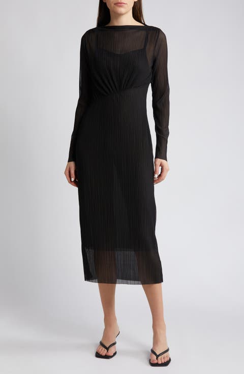 Long Sleeve Crinkle Mesh Midi Dress