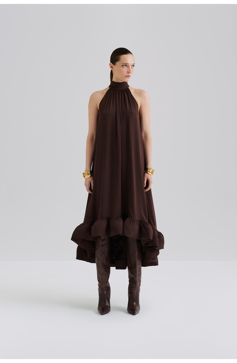 Malina Sabrina Halterneck Ruffled Maxi Dress, Alternate, color, Chocolate