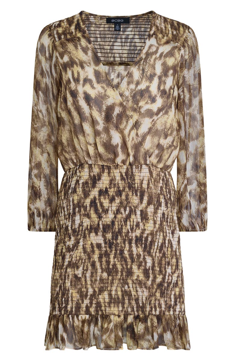 BCBG Leopard Print Smocked Chiffon Minidress, Alternate, color, Espresso Dusk Multi