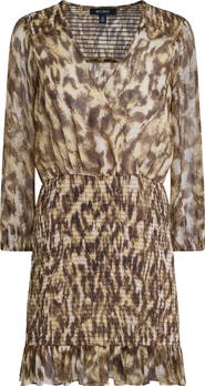 BCBG Leopard Print Smocked Chiffon Minidress