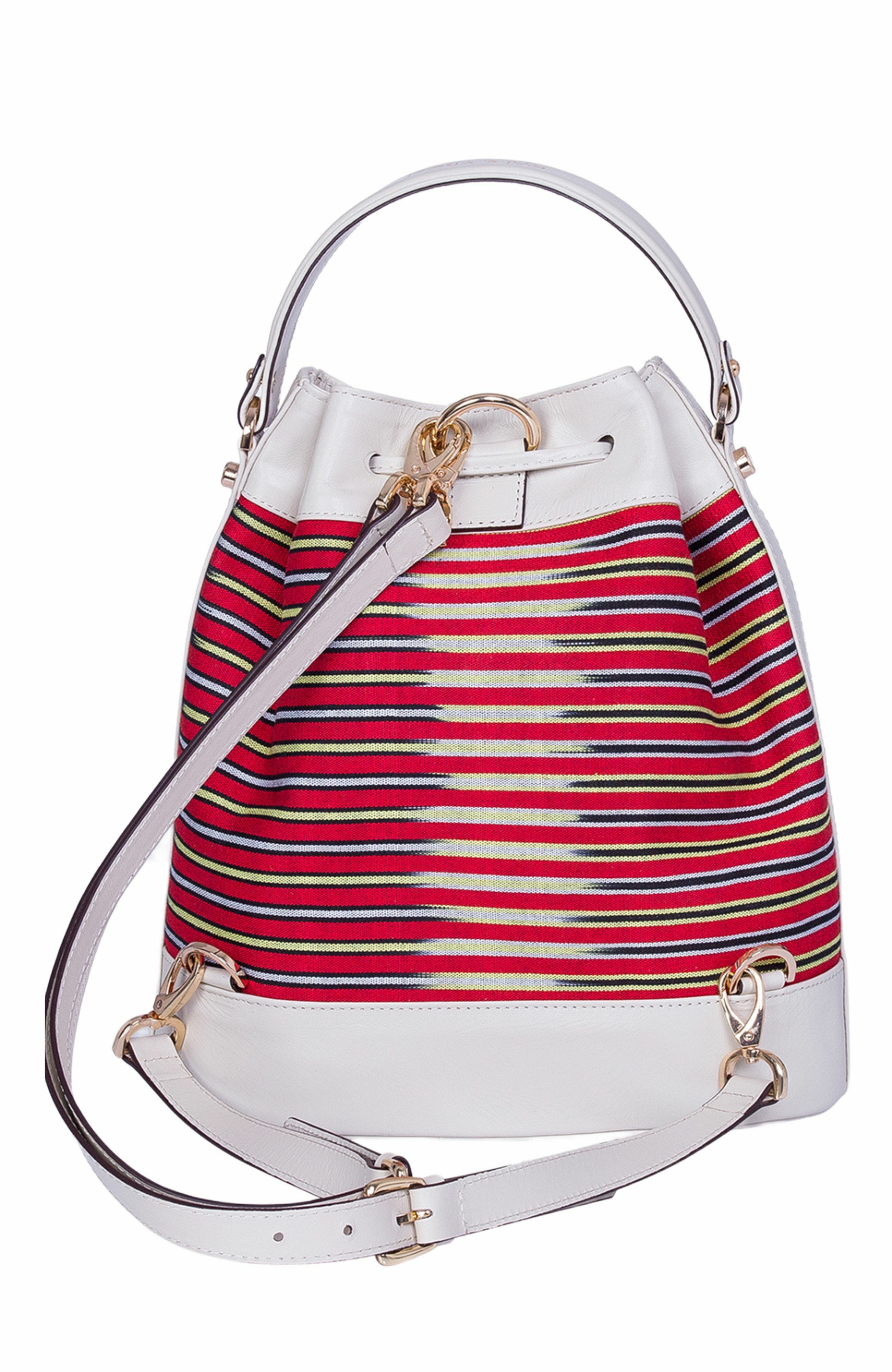 Leather & Striped Fabric Pattern Convertible Bag, Alternate, color, Beige