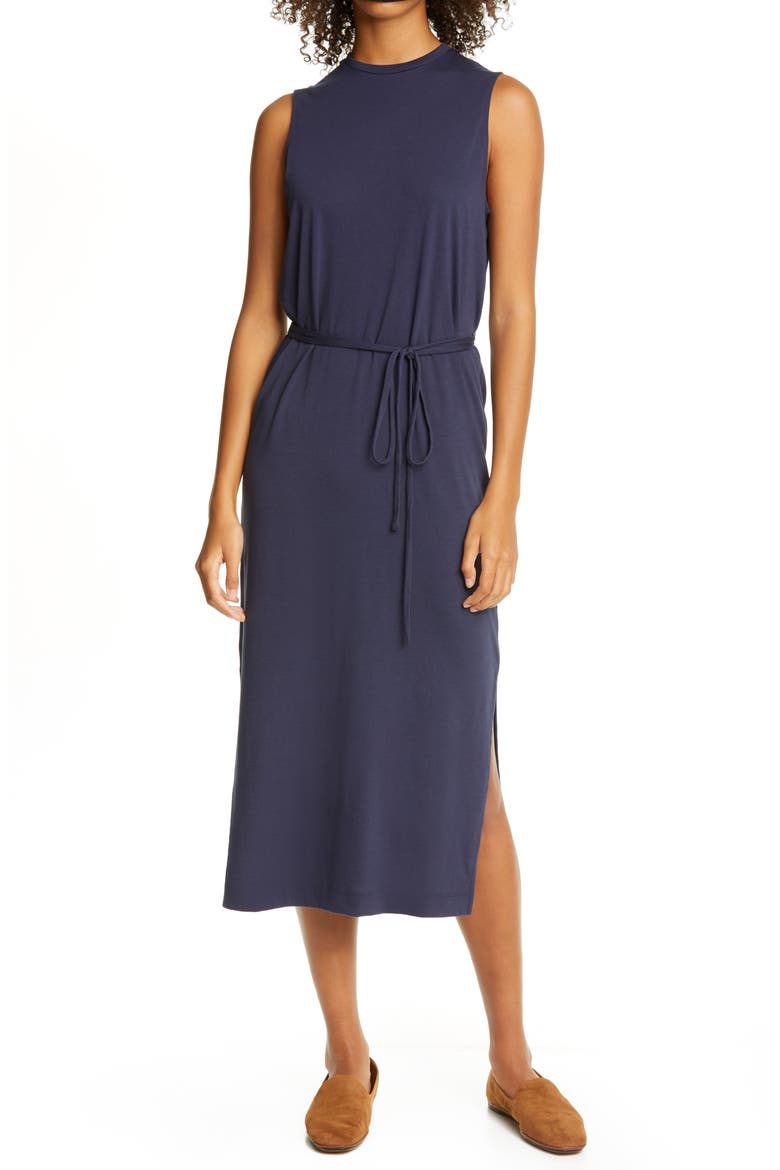 Tie Waist T-Shirt Midi Dress, Main, color, MARINE