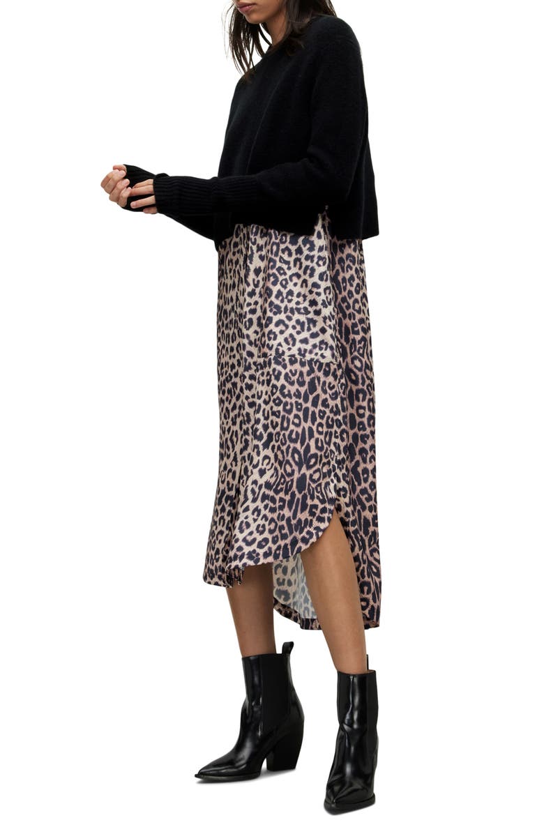 AllSaints Angelina Leopard Print Long Sleeve Sweater and Sleeveless Dress Set, Alternate, color, Black Leopard