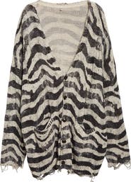 R13 Oversize Distressed Zebra Print Linen Blend Cardigan