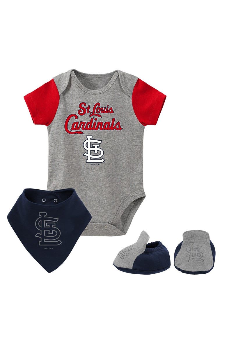 Outerstuff Newborn & Infant Heathered Gray St. Louis Cardinals Three-Piece Bodysuit Bib & Bootie Set, Main, color, Heather Gray