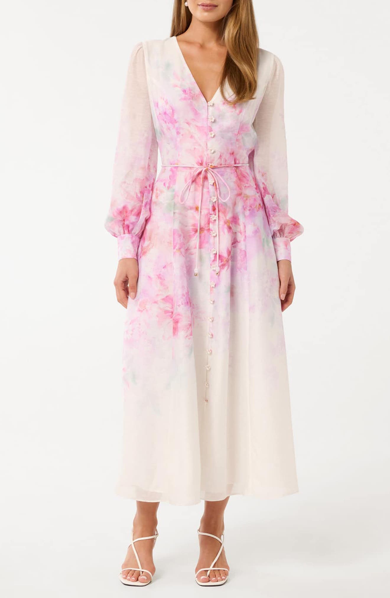 placed floral long sleeve midi dress ever new EVER NEW Courtney Placed Floral Long Sleeve Dress in Pink