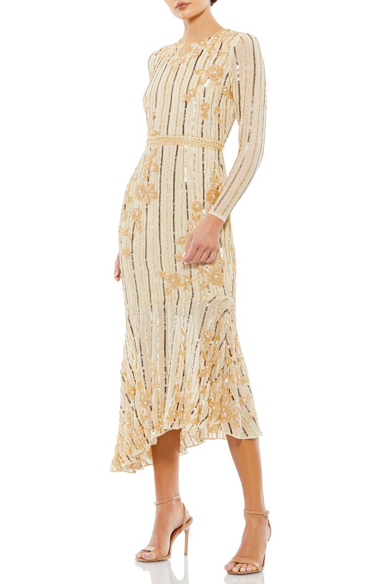 Mac Duggal Hand Embellished Asymmetrical Long Sleeve Midi Dress, Main, color, Nude Gold
