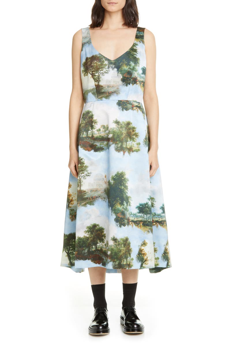 Comme des Garçons Print Satin Sleeveless Midi Dress, Main, color,