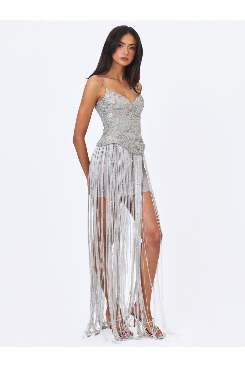 Olisa Beaded Peplum Tassel Maxi Dress, Alternate, color, Silver