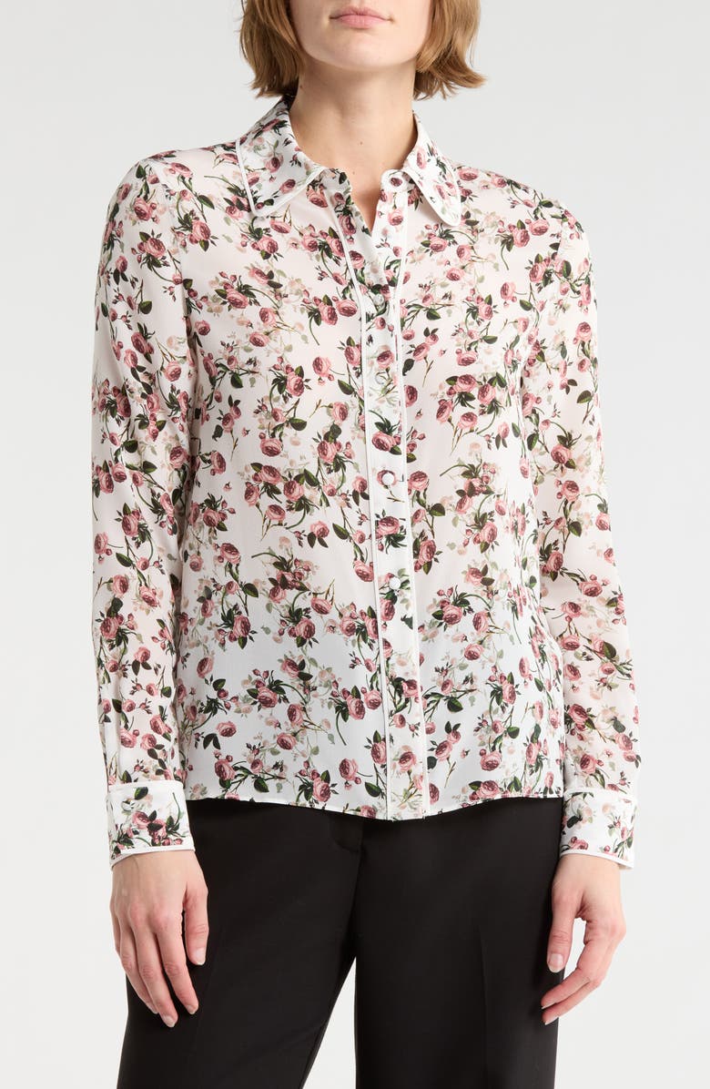 Alice + Olivia Willa Floral Placket Button-Up Shirt, Main, color, Fleur Frills Off White