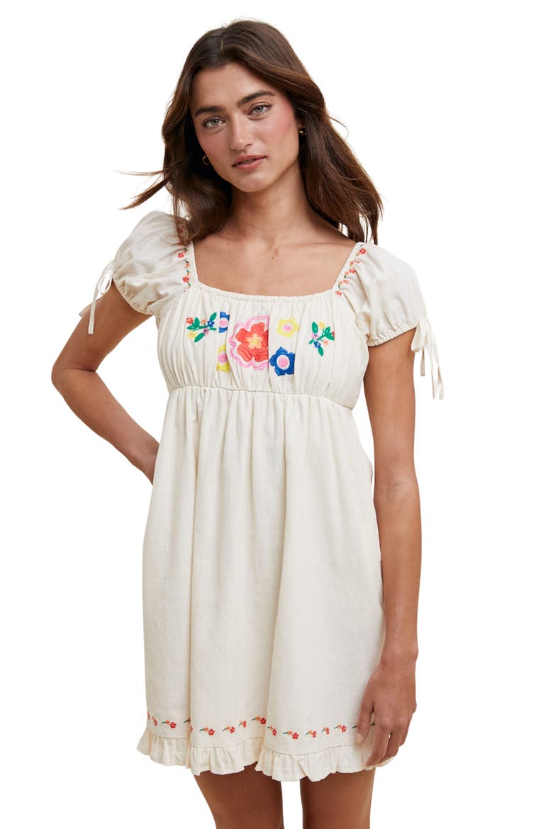 Floral Embroidered Puff Sleeve Cotton Minidress, Alternate, color, ECRU