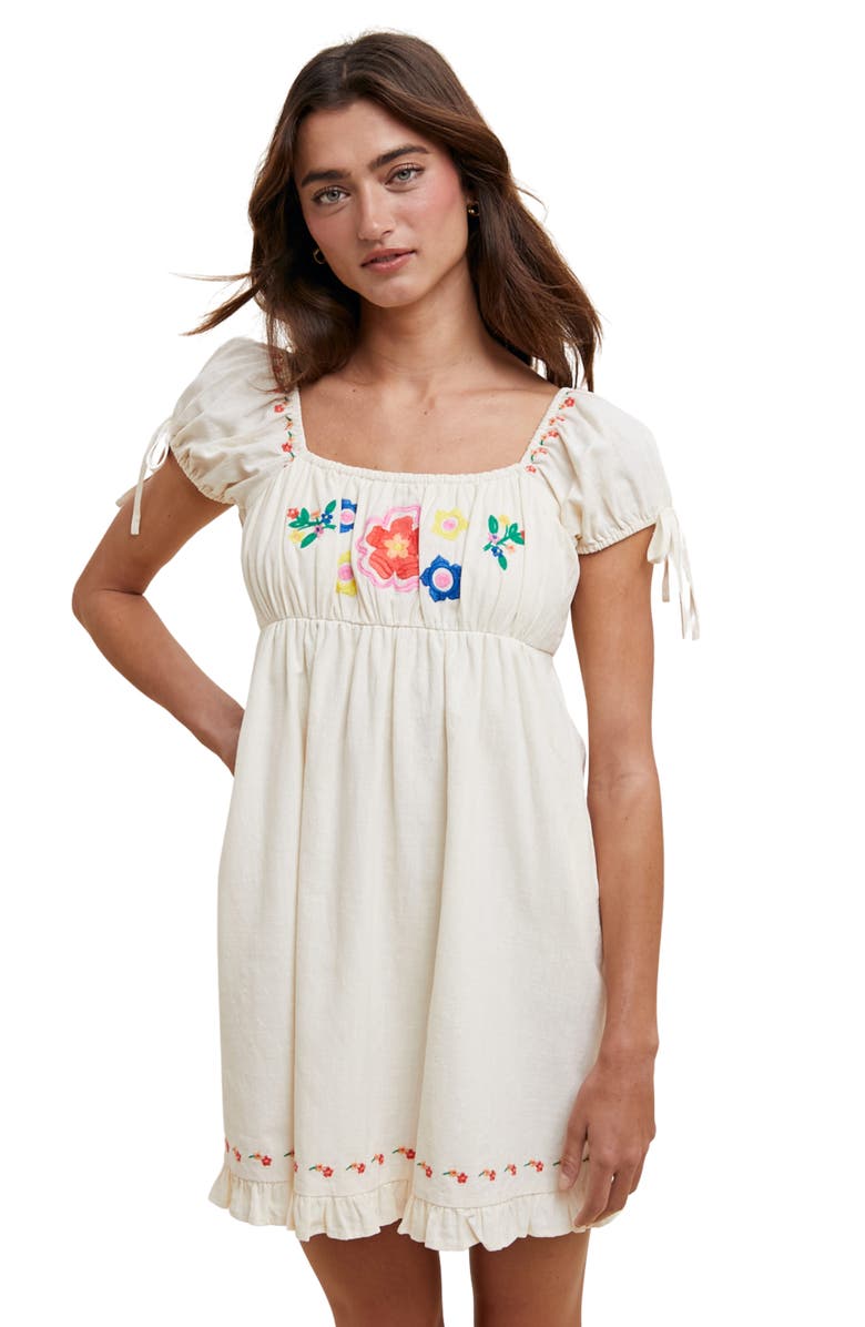 WISHLIST Floral Embroidered Puff Sleeve Cotton Minidress, Alternate, color, Ecru