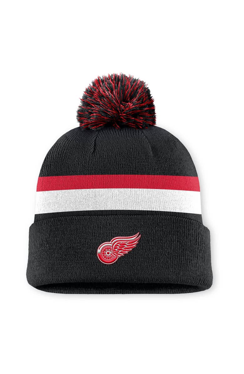 FANATICS Men's Fanatics Black Detroit Red Wings Authentic Pro Rink Cuffed Knit Hat with Pom, Main, color, Black