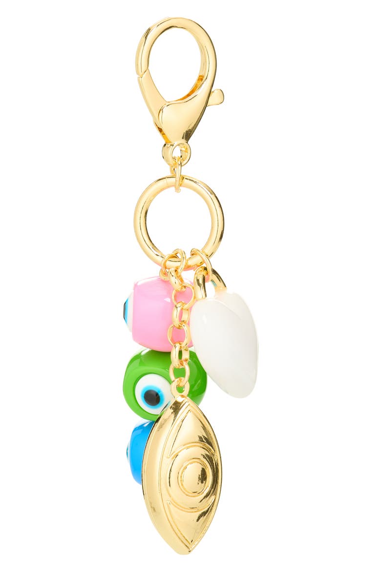 Evil Eye & Heart Bag Charm, Main, color, GOLD MULTI