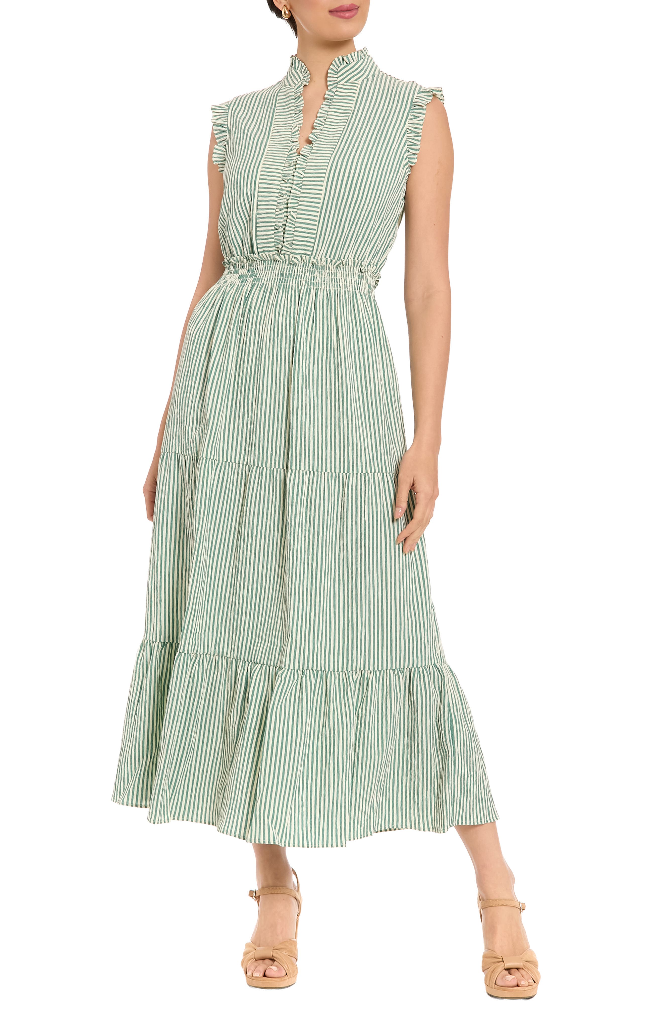 London Times Stripe Ruffle Neck Sleeveless Tiered Maxi Dress
